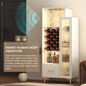 Moderno y Lujoso Mueble para Vino Alto con Paneles de Madera e Iluminación LED |   Organizador de Licores y Vasos Blanco y Delgado con Estantes para Botellas de Vino - Product Image 4