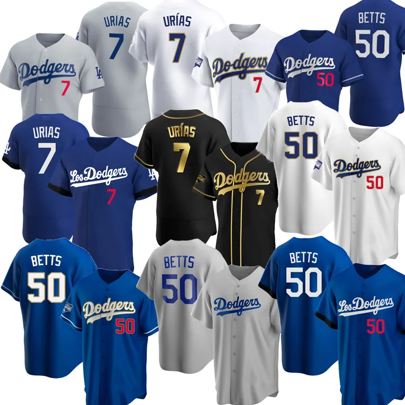 2022 New Los Angeles #50 Mookie Betts #7 Julio Urias any player Blue White/Gold Dodger Baseball Jersey Gold Program Jersey