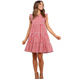 Vestido de Verano 2025 para Mujer, Diseño Personalizado OEM, Estampado a Cuadros, Transpirable, Cintura Imperio, Volantes, Cuello Redondo, Corte en A, Estilo Dulce y Moderno, Largo hasta la Rodilla - Product Image 4