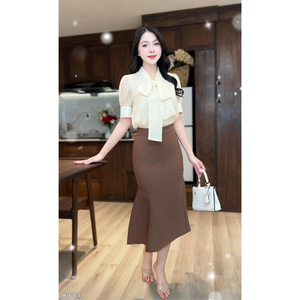 Chemisier pour femme ODM Vietnam avec nœud décoratif, manches courtes, en modal, lavable, style décontracté ou formel, couleur unie - Product Image 3