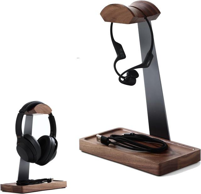 Luxurious Walnut Wood Headphone Stand Rack Wood Headset Stand Desk Gaming Headphone Holder Rack with Storage Base Compatible