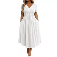 Robe élégante à col en V et manches courtes en polyester pour les occasions estivales, disponible en plusieurs couleurs et tailles