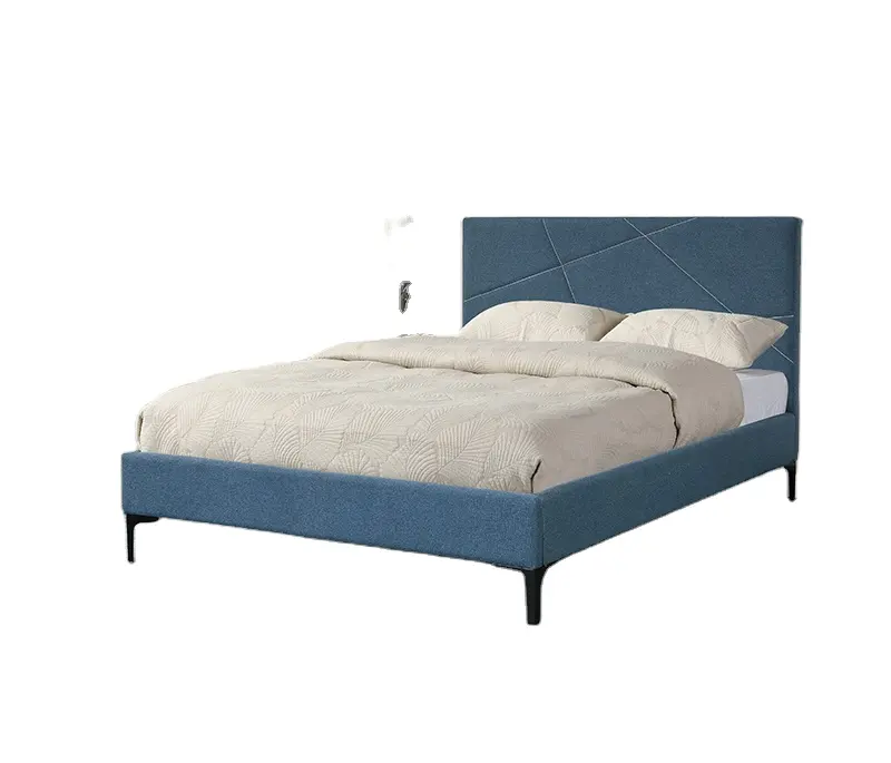 Latest design bedroom furniture headboard blue velvet bed fabric wooden bed