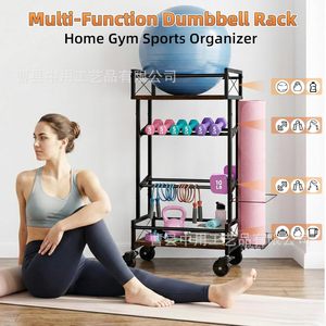 4 Tier Iron Wood Gym <b>Dumbbell</b> Storage Rack Metal Kettlebell Organizer With Wheels For Home Workout Equipment - Product Image 3