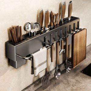 Cooking Utensils Holder Wall-Mounted Chopsticks <b>Storage</b> <b>Kitchen</b> Knives Holder <b>Rack</b> Smart Kitchenware Organizer With Steel Hooks - Product Image 1