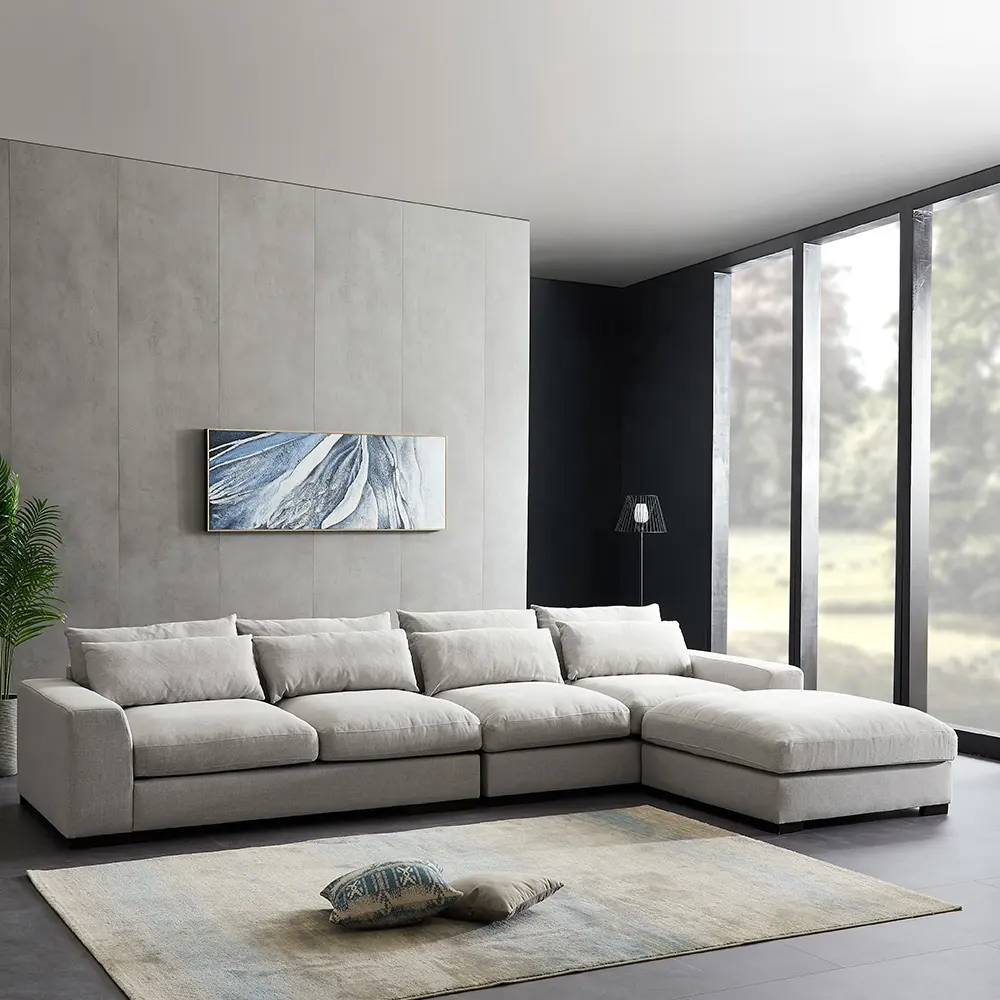 Sofa Bagian Sudut Bolak-balik dengan Bulu Putih Ottoman Sofa Kain Linen Empuk Sofa Ruang Tamu Modular