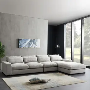 Reversible Corner Sectional Sofa with Ottoman White Feathers Padded Linen Fabric Sofa Modular Living Room Sofas