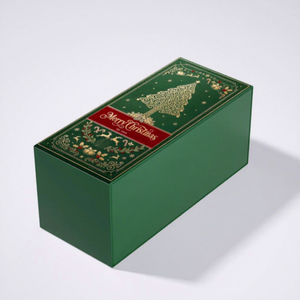 Caja de Regalo de Vino Navideña, Caja Rígida Verde con Cajón, Estampado Dorado y Forro de Satén para Regalos Navideños - Product Image 2