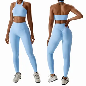 Grosir celana legging Yoga pinggang tinggi wanita dan Bra pakaian aktif olahraga lompat Siut dua potong Set baju olahraga garis Premium