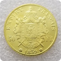 Réplica de Moneda de 50 Francos de 1859 Chapada en Oro, con Cabeza de Napoleón III Emperador, Fabricada en Latón