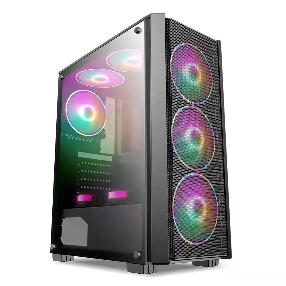 Factory price Tempered Glass Panel PC Gaming Case Computer Cases & Towers Gabinets for Gamer with metal mesh RGB light fans