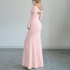 Abito da sera elegante da donna, lungo fino al pavimento, monospalla, con drappeggio, vestibilità slim, in poliestere ecologico, senza schienale, per l'autunno - Product Image 5