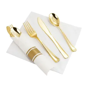 批发一次性塑料预卷银玫瑰金刀叉勺餐巾西式派对餐具婚庆套装