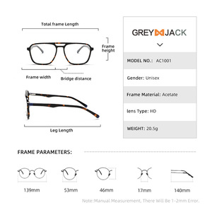 Monturas de gafas rectangulares Grey Jack, montura completa de acetato, anti UV, unisex, para miopía y uso sin prescripción médica - Product Image 4