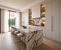 Ensemble d'armoires de cuisine modulaires modernes KEJIA, meubles de cuisine de luxe beige mat avec îlot en marbre et poignées dorées