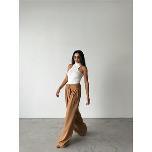 Pantalones Cargo Casuales PALAZZO Beige de Cintura Alta con Cintura Elástica, Tela Transpirable, Estilo Acampanado con Detalle de Cinturón, Talla XL - Product Image 6