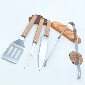 4 Piece Wooden BBQ Accessories Grilling Tools Set with Tongs Spatula Fork and Knife Utensils for Backyard Barbecue Camping
