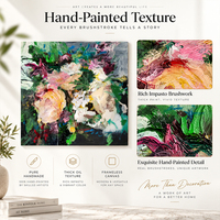 Peinture florale impressionniste d'hôtel, nature morte, pêches, roses, fleurs roses et blanches, toile verte foncée, art mural