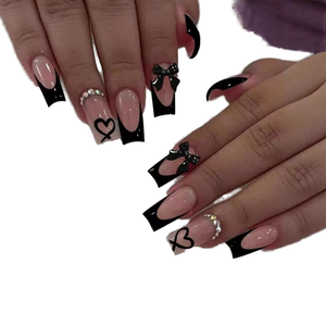 Faux ongles en acrylique de taille moyenne, forme cercueil, French manucure, motif nœud et cœur, pour femmes, 24 pièces, fabriqués en Chine, certifiés sans [inconnu] - Product Image 1