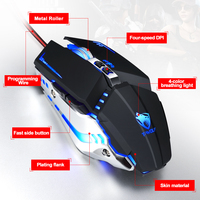 Souris filaire USB T-WOLF V7 avec programmation de macros, lampe LED respirante quadricolore, 1000-6400 DPI, 7 touches, en stock pour ordinateur de bureau et ordinateur portable