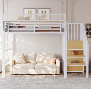 <span class=keywords><strong>Lit</strong></span> superposé moderne <span class=keywords><strong>en</strong></span> <span class=keywords><strong>métal</strong></span> <span class=keywords><strong>blanc</strong></span> avec escalier, étagère de chevet, garde-corps antidérapant et espace de rangement/lieu de travail multifonctionnel - Product Image 3