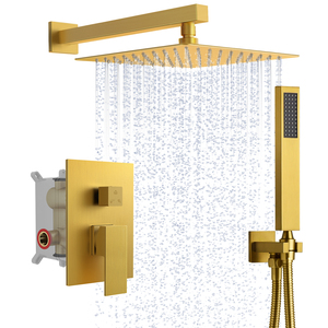 Rubinetti da bagno in oro spazzolato di lusso moderno sistema doccia a pioggia con soffione - Product Image 1