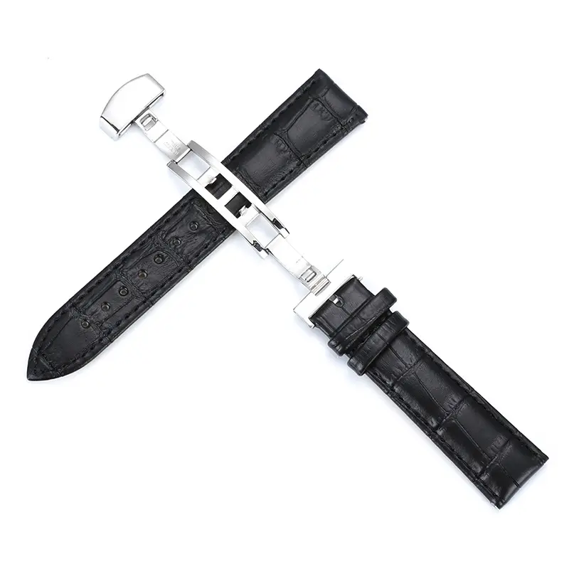 High quality unisex brown leather strap black bamboo pattern watchband with butterfly clasp 22mm men's watch strap