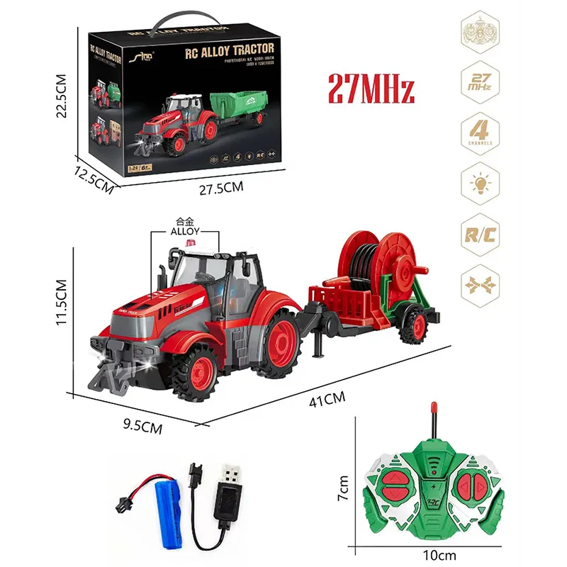 Traktor Rc dengan Pompa Air Skala 1:24 4CH Remote Control Trailer Pertanian Set Mobil Mainan Rekayasa Baterai Dapat Diisi Ulang Vechiel