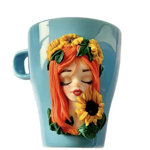 Customizable 3D Polymer Clay Sunflower Glass Cup With Bamboo 