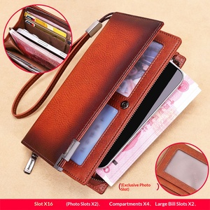 Portafoglio da Uomo in Vera Pelle <span class=keywords><strong>di</strong></span> Vacchetta con Cerniera Lunga, Molteplici Scomparti per Carte, Grande Capacità, Poliestere - Product Image 4