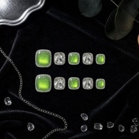 Faux ongles à presser pour les orteils, vert lime, effet œil de chat, avec paillettes argentées et strass, pour femmes