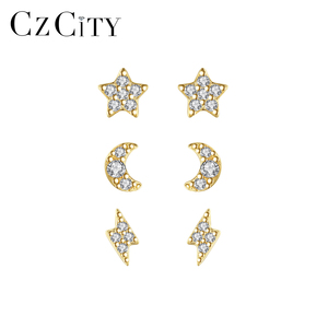 CZCITY Ster en Maan verguld minimalistische oorbelset met kubieke zirkonia voor meisjes en vrouwen - Product Image 1