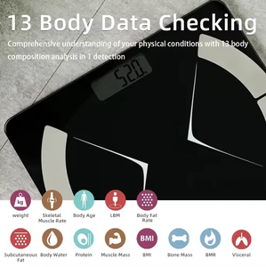 เครื่องวัดไขมันในร่างกายอัจฉริยะ OEM ขนาด13 180กก./360Lb จอแสดงผล LCD ดิจิตอล <span class=keywords><strong>BMI</strong></span> การวัดน้ำหนักบลูทูธการ<span class=keywords><strong>ตรวจ</strong></span>สอบข้อมูลร่างกาย - Product Image 6