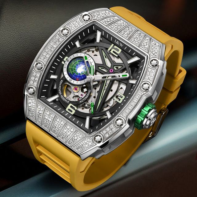 New Arrival Luxury Automatic Skeleton Dial Diamond Watch Rubber Strap Square Mechanical Watch Water Resistant
