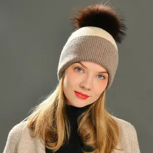 2022 Plain Striped Knit Beanie Hat Warm Winter Women Real Fur Hat Cashmere Beanie Ladies Skull Cap Beanie