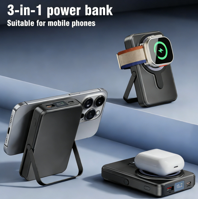 Customizad OEM Super PD 22.5W Power Bank Mini 9000mah 12000mah Led Display Magnetic Wireless Power Bank with Phone Stand