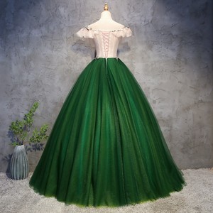 Evening Gown Green Off-Shoulder Floral Print Empire Waist Puffy Skirt Women's Dress For Wedding Party Coming Of Age Ceremony - Product Image 4