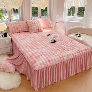 Funda de Cama de Invierno Engrosada de Forro Polar de Conejo y Poliéster, Teñida Lisa, Lavable a Máquina, Antideslizante, de Coral, de una Sola Pieza, para Cama de 0.9m, para el Hogar - Product Image 2