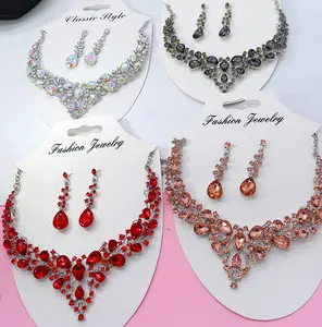 Bja0092 S Multicolor Glazen Zirkoon Strass Bruids Ketting Oorbellen Sieraden Set