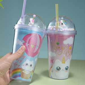 Cartoon Plastic <b>Straw</b> <b>Cup</b> With <b>Lid</b> <b>And</b> <b>Straw</b> Mixed Color For Students Summer Drinkware Two Piece Set - Product Image 4