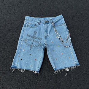 <span class=keywords><strong>Jeans</strong></span> Cortos de Mezclilla para Hombre, Estilo Hip Hop, Decorados con Pedrería, Diseño Personalizado OEM, Vintage, Casuales, Versátiles y Desgastados - Product Image 3