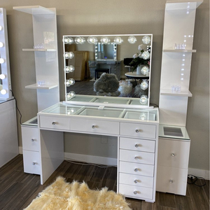 Modern White LED Vanity <strong>Desk</strong> <strong>Set</strong> with Studio Mirror, Large Glass Top Makeup Table with 2 Side Shelves &amp; 7 Drawers - Product Image 5