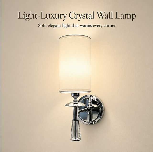 Modern Hotel Wall Sconce with Fabric Shade and Crystal Decor Polished Chrome Wall Lamp for Bedroom Bedside Hallway