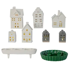 White Ceramic Lighted Christmas Houses Tea Light and Candle Holder; Led White Ceramic House Europe Style For Home Decor