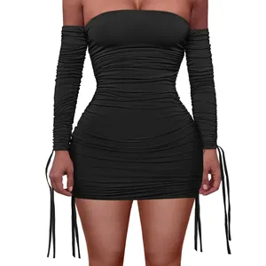 Gaun klub Desain Mode gaun pesta mini bodycon seksi wanita lengan panjang ruched bahu terbuka