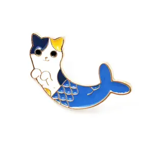 Factory Direct Price Fantasy Strange Cat And Blue Fishtail Combination Design Cute Mini Lapel Pin Metal Soft Enamel Pin