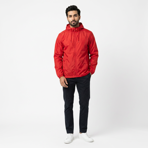 Lightweight 100% Cotton Hooded Windbreaker <b>Jacket</b> with Stand Collar and Full Zipper for <b>Men</b>-Outdoor Use - Product Image 1