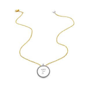 Collana con Ciondolo a Forma di Lettera F con Diamante, Catena da 2 Cm in Acciaio, Tono Oro e Argento - Product Image 1