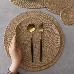 Alas cangkir rotan dan meja makan, alas anyaman tangan rami Oval anyaman tahan panas anti-selip katun Linen