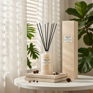 Aikun Minimalist Embossed Gift Box Coconut Papaya Custom Fragrance <b>200ml</b> Matte White Square Glass <b>Bottle</b> Reed Diffuser Set - Product Image 1